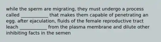 while the sperm are migrating, they must undergo a process called ____________ that makes them capable of penetrating an egg. after ejaculation, fluids of the female reproductive tract leach ____________ from the plasma membrane and dilute other inhibiting facts in the semen