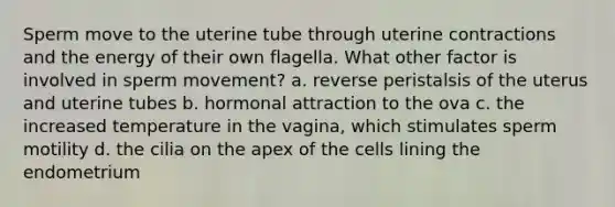 Sperm move to the uterine tube through uterine contractions and the energy of their own flagella. What other factor is involved in sperm movement? a. reverse peristalsis of the uterus and uterine tubes b. hormonal attraction to the ova c. the increased temperature in the vagina, which stimulates sperm motility d. the cilia on the apex of the cells lining the endometrium