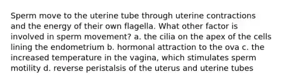 Sperm move to the uterine tube through uterine contractions and the energy of their own flagella. What other factor is involved in sperm movement? a. the cilia on the apex of the cells lining the endometrium b. hormonal attraction to the ova c. the increased temperature in the vagina, which stimulates sperm motility d. reverse peristalsis of the uterus and uterine tubes