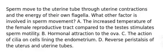 Sperm move to the uterine tube through uterine contractions and the energy of their own flagella. What other factor is involved in sperm movement? A. The increased temperature of the female reproductive tract compared to the testes stimulates sperm motility. B. Hormonal attraction to the ova. C. The action of cilia on cells lining the endometrium. D. Reverse peristalsis of the uterus and uterine tubes.