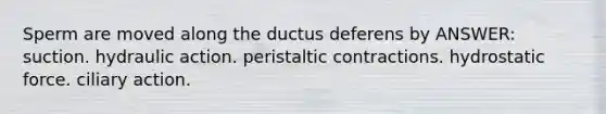 Sperm are moved along the ductus deferens by ANSWER: suction. hydraulic action. peristaltic contractions. hydrostatic force. ciliary action.