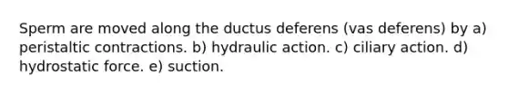 Sperm are moved along the ductus deferens (vas deferens) by a) peristaltic contractions. b) hydraulic action. c) ciliary action. d) hydrostatic force. e) suction.