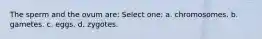 The sperm and the ovum are: Select one: a. chromosomes. b. gametes. c. eggs. d. zygotes.