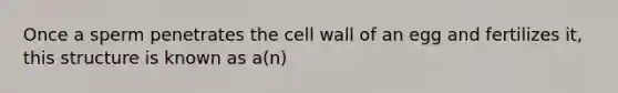 Once a sperm penetrates the cell wall of an egg and fertilizes it, this structure is known as a(n)