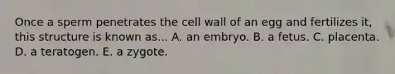 Once a sperm penetrates the cell wall of an egg and fertilizes it, this structure is known as... A. an embryo. B. a fetus. C. placenta. D. a teratogen. E. a zygote.