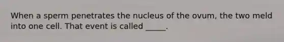 When a sperm penetrates the nucleus of the ovum, the two meld into one cell. That event is called _____.