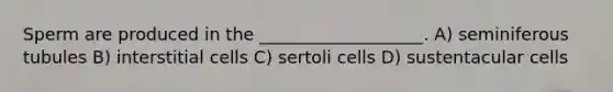 Sperm are produced in the ___________________. A) seminiferous tubules B) interstitial cells C) sertoli cells D) sustentacular cells