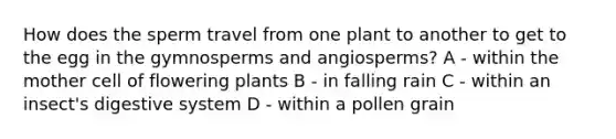 How does the sperm travel from one plant to another to get to the egg in the gymnosperms and angiosperms? A - within the mother cell of flowering plants B - in falling rain C - within an insect's digestive system D - within a pollen grain