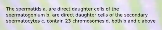 The spermatids a. are direct daughter cells of the spermatogonium b. are direct daughter cells of the secondary spermatocytes c. contain 23 chromosomes d. both b and c above