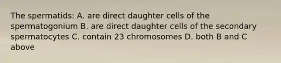 The spermatids: A. are direct daughter cells of the spermatogonium B. are direct daughter cells of the secondary spermatocytes C. contain 23 chromosomes D. both B and C above