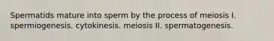 Spermatids mature into sperm by the process of meiosis I. spermiogenesis. cytokinesis. meiosis II. spermatogenesis.