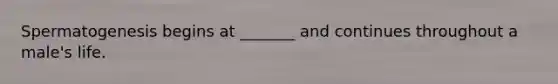 Spermatogenesis begins at _______ and continues throughout a male's life.