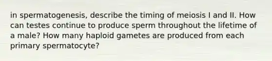 in spermatogenesis, describe the timing of meiosis I and II. How can testes continue to produce sperm throughout the lifetime of a male? How many haploid gametes are produced from each primary spermatocyte?