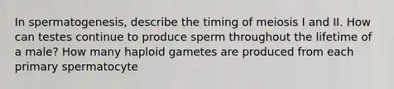 In spermatogenesis, describe the timing of meiosis I and II. How can testes continue to produce sperm throughout the lifetime of a male? How many haploid gametes are produced from each primary spermatocyte