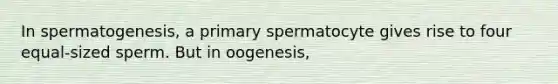 In spermatogenesis, a primary spermatocyte gives rise to four equal-sized sperm. But in oogenesis,