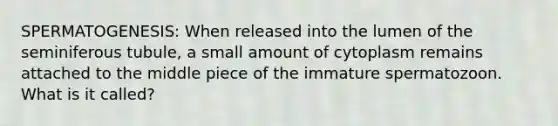 SPERMATOGENESIS: When released into the lumen of the seminiferous tubule, a small amount of cytoplasm remains attached to the middle piece of the immature spermatozoon. What is it called?