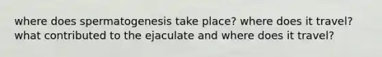 where does spermatogenesis take place? where does it travel? what contributed to the ejaculate and where does it travel?