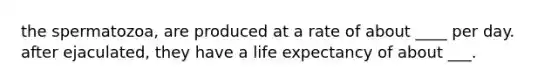 the spermatozoa, are produced at a rate of about ____ per day. after ejaculated, they have a life expectancy of about ___.