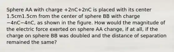 Sphere AA with charge +2nC+2nC is placed with its center 1.5cm1.5cm from the center of sphere BB with charge −4nC−4nC, as shown in the figure. How would the magnitude of the electric force exerted on sphere AA change, if at all, if the charge on sphere BB was doubled and the distance of separation remained the same?