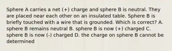 Sphere A carries a net (+) charge and sphere B is neutral. They are placed near each other on an insulated table. Sphere B is briefly touched with a wire that is grounded. Which is correct? A. sphere B remains neutral B. sphere B is now (+) charged C. sphere B is now (-) charged D. the charge on sphere B cannot be determined