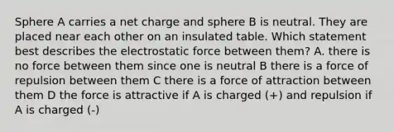 Sphere A carries a net charge and sphere B is neutral. They are placed near each other on an insulated table. Which statement best describes the electrostatic force between them? A. there is no force between them since one is neutral B there is a force of repulsion between them C there is a force of attraction between them D the force is attractive if A is charged (+) and repulsion if A is charged (-)