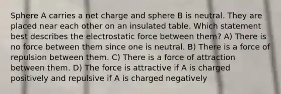 Sphere A carries a net charge and sphere B is neutral. They are placed near each other on an insulated table. Which statement best describes the electrostatic force between them? A) There is no force between them since one is neutral. B) There is a force of repulsion between them. C) There is a force of attraction between them. D) The force is attractive if A is charged positively and repulsive if A is charged negatively