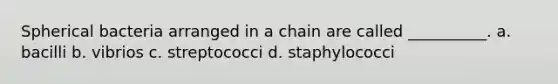 Spherical bacteria arranged in a chain are called __________. a. bacilli b. vibrios c. streptococci d. staphylococci