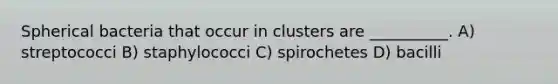 Spherical bacteria that occur in clusters are __________. A) streptococci B) staphylococci C) spirochetes D) bacilli