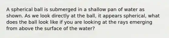 A spherical ball is submerged in a shallow pan of water as shown. As we look directly at the ball, it appears spherical, what does the ball look like if you are looking at the rays emerging from above the surface of the water?