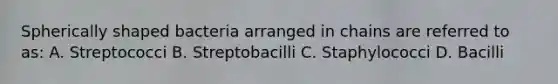 Spherically shaped bacteria arranged in chains are referred to as: A. Streptococci B. Streptobacilli C. Staphylococci D. Bacilli