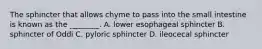 The sphincter that allows chyme to pass into the small intestine is known as the ________. A. lower esophageal sphincter B. sphincter of Oddi C. pyloric sphincter D. ileocecal sphincter