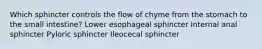 Which sphincter controls the flow of chyme from the stomach to the small intestine? Lower esophageal sphincter Internal anal sphincter Pyloric sphincter Ileocecal sphincter