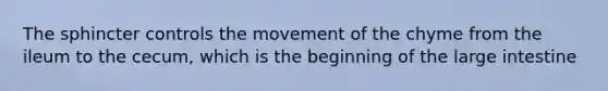 The sphincter controls the movement of the chyme from the ileum to the cecum, which is the beginning of the <a href='https://www.questionai.com/knowledge/kGQjby07OK-large-intestine' class='anchor-knowledge'>large intestine</a>