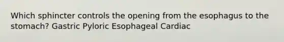 Which sphincter controls the opening from <a href='https://www.questionai.com/knowledge/kSjVhaa9qF-the-esophagus' class='anchor-knowledge'>the esophagus</a> to <a href='https://www.questionai.com/knowledge/kLccSGjkt8-the-stomach' class='anchor-knowledge'>the stomach</a>? Gastric Pyloric Esophageal Cardiac