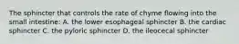 The sphincter that controls the rate of chyme flowing into the small intestine: A. the lower esophageal sphincter B. the cardiac sphincter C. the pyloric sphincter D. the ileocecal sphincter