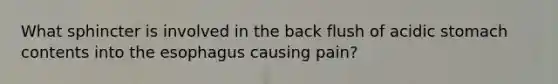 What sphincter is involved in the back flush of acidic stomach contents into the esophagus causing pain?