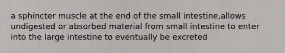 a sphincter muscle at the end of the small intestine,allows undigested or absorbed material from small intestine to enter into the large intestine to eventually be excreted