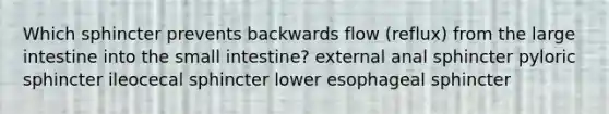 Which sphincter prevents backwards flow (reflux) from the large intestine into the small intestine? external anal sphincter pyloric sphincter ileocecal sphincter lower esophageal sphincter