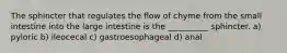 The sphincter that regulates the flow of chyme from the small intestine into the large intestine is the __________ sphincter. a) pyloric b) ileocecal c) gastroesophageal d) anal