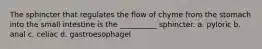 The sphincter that regulates the flow of chyme from the stomach into the small intestine is the __________ sphincter. a. pyloric b. anal c. celiac d. gastroesophagel