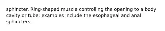 sphincter. Ring-shaped muscle controlling the opening to a body cavity or tube; examples include the esophageal and anal sphincters.