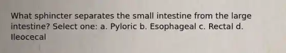 What sphincter separates the small intestine from the large intestine? Select one: a. Pyloric b. Esophageal c. Rectal d. Ileocecal