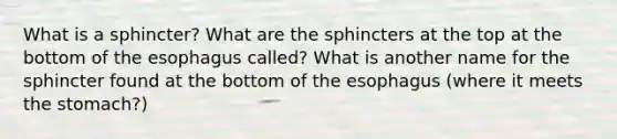 What is a sphincter? What are the sphincters at the top at the bottom of the esophagus called? What is another name for the sphincter found at the bottom of the esophagus (where it meets the stomach?)