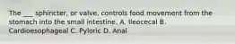 The ___ sphincter, or valve, controls food movement from the stomach into the small intestine. A. Ileocecal B. Cardioesophageal C. Pyloric D. Anal