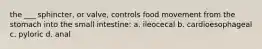 the ___ sphincter, or valve, controls food movement from the stomach into the small intestine: a. ileocecal b. cardioesophageal c. pyloric d. anal