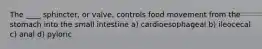 The ____ sphincter, or valve, controls food movement from the stomach into the small intestine a) cardioesophageal b) ileocecal c) anal d) pyloric