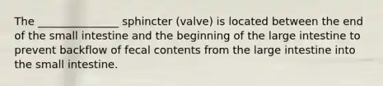 The _______________ sphincter (valve) is located between the end of the small intestine and the beginning of the large intestine to prevent backflow of fecal contents from the large intestine into the small intestine.