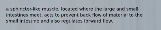 a sphincter-like muscle, located where the large and small intestines meet, acts to prevent back flow of material to the small intestine and also regulates forward flow.