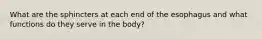 What are the sphincters at each end of the esophagus and what functions do they serve in the body?