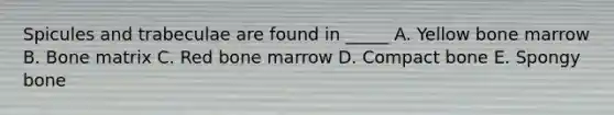 Spicules and trabeculae are found in _____ A. Yellow bone marrow B. Bone matrix C. Red bone marrow D. Compact bone E. Spongy bone